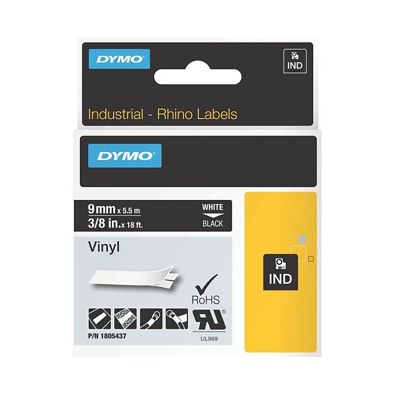 DYMO Rhino Colored Vinyl 1805437 Printer Label, 3/8"W, White on Black image 1