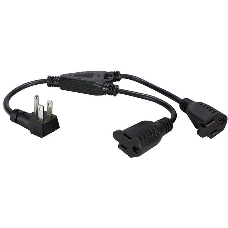 QVS® OutletSaver 12" 2-Outlet 90 degree Flat-Plug AC Power Splitter Adapter, Black (PPRT-ADPT2-2PK) image 1