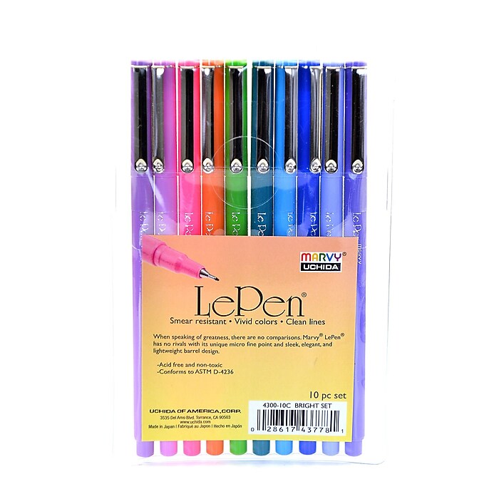 Marvy Uchida Le Pen Felt Pen, Fine Point, Assorted Ink, 10 Pack