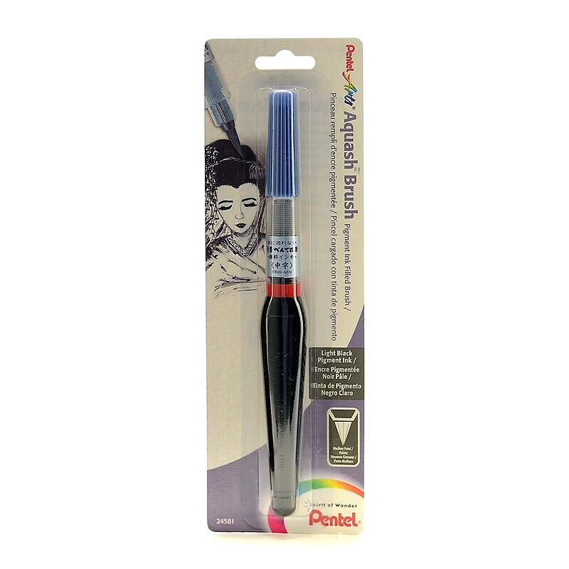 Pentel Aquash Water Brush Medium Fine Point, Filled With Light Black Pigment Ink [Pack Of 2] (2PK-FRHMNBPA) image 1