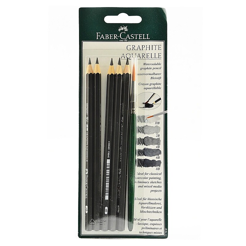 Faber-Castell Graphite Aquarelle Water-Soluble Pencils Assorted Set Of 5 With Brush [Pack Of 2] (2PK-117897) image 1