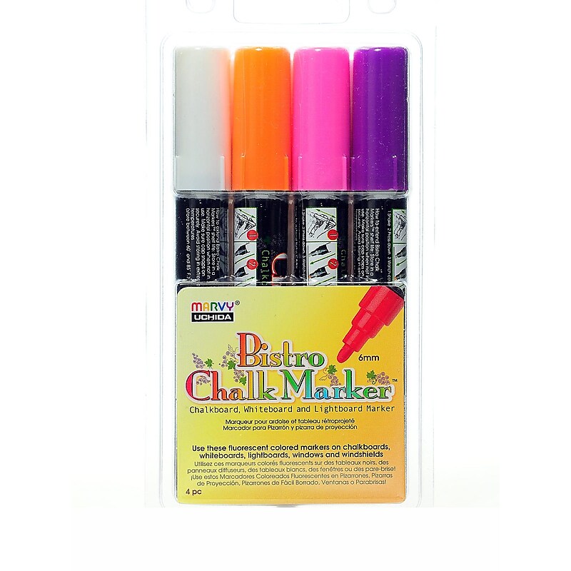 Marvy Uchida Bistro Chalk Marker Sets Broad Point White, Fl. Violet, Fl. Orange, Fl. Pink [Pack Of 2] (2PK-480-4B) image 1