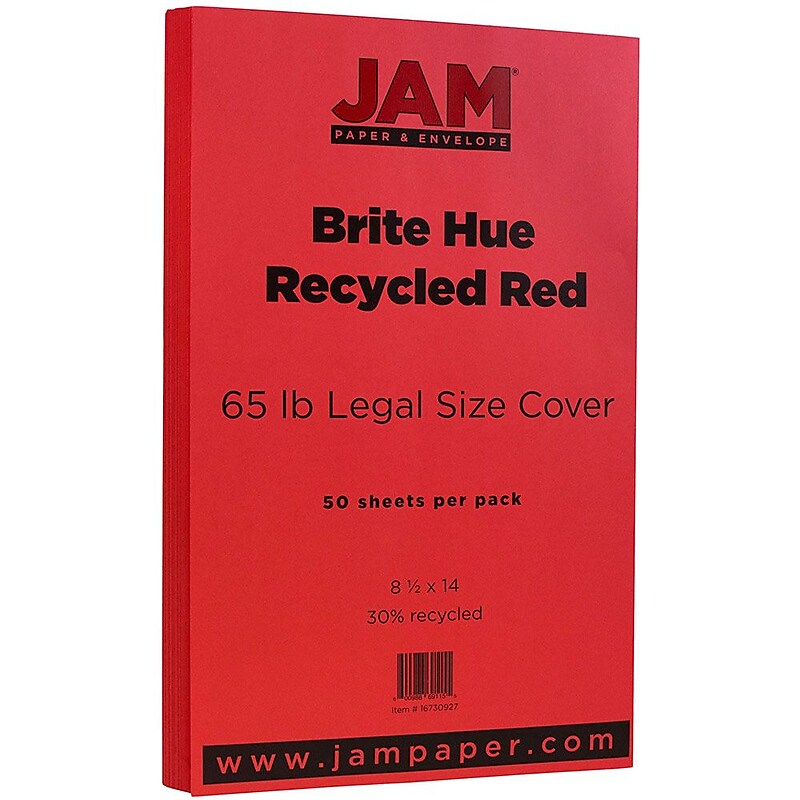 JAM Paper 65 lb. Cardstock Paper, 8.5" x 14", Brite Hue Red, 50 Sheets/Pack (16730927) image 1