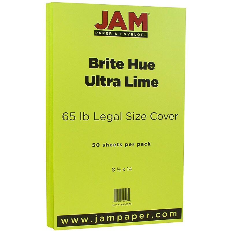 JAM Paper 65 lb. Cardstock Paper, 8.5" x 14", Ultra Lime Green, 50 Sheets/Pack (16730929) image 1