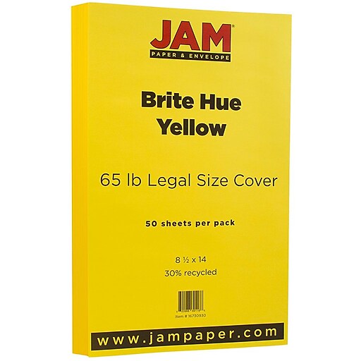 JAM Paper 65 lb. Cardstock Paper, 8.5 x 14, Brite Hue Yellow, 50  Sheets/Pack (16730930)