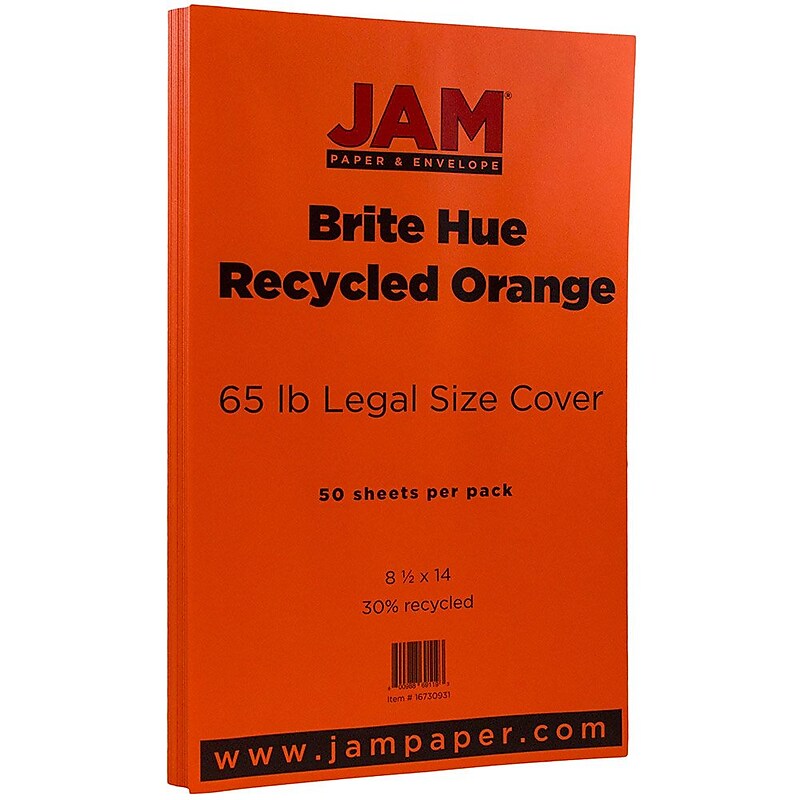JAM Paper 65 lb. Cardstock Paper, 8.5" x 14", Orange Brite Hue, 50 Sheets/Pack (16730931) image 1