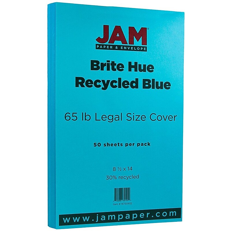 JAM Paper 65 lb. Cardstock Paper, 8.5" x 14", Brite Hue Blue, 50 Sheets/Pack (16730932) image 1