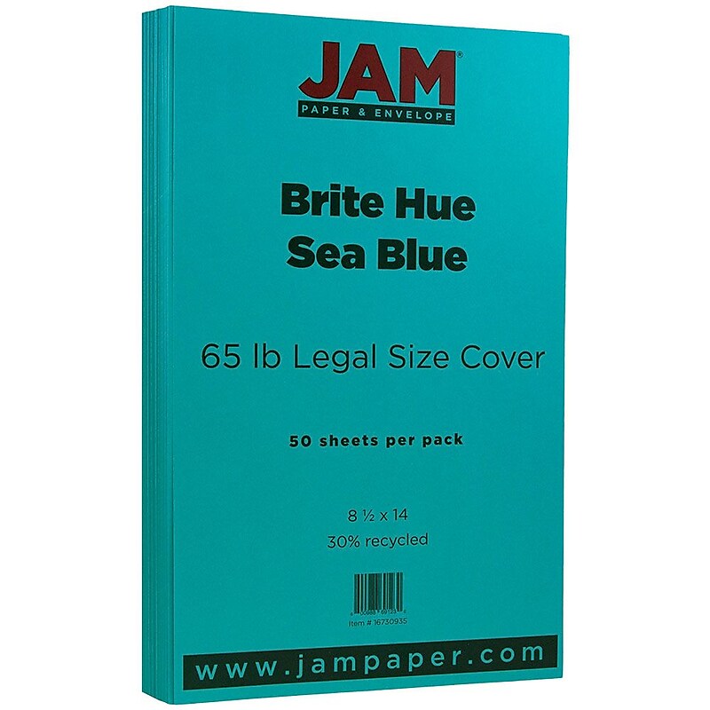 JAM Paper 65 lb. Cardstock Paper, 8.5" x 14", Brite Hue Sea Blue, 50 Sheets/Pack (16730935) image 1