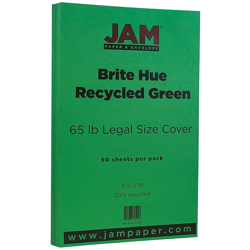 JAM Paper 65 lb. Cardstock Paper, 8.5" x 14", Green, 50 Sheets/Pack (16730936) image 1