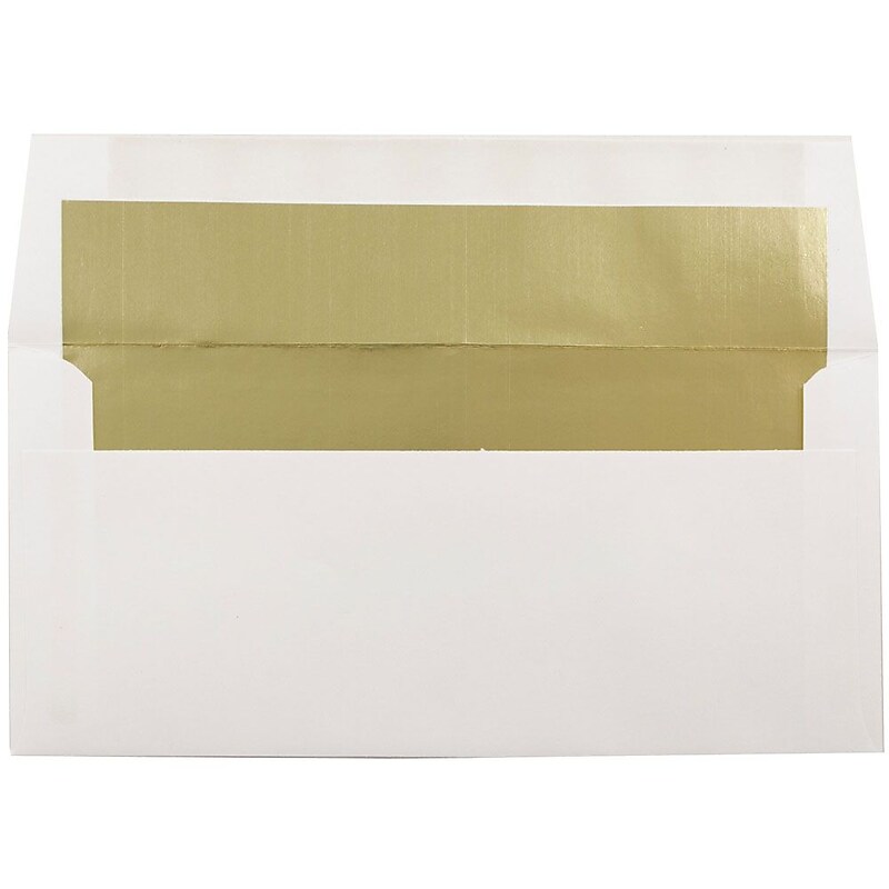 JAM Paper 3.875 x 8.125 Foil Lined Invitation Envelopes, White with Gold Foil, 25/Pack (32430262) image 1