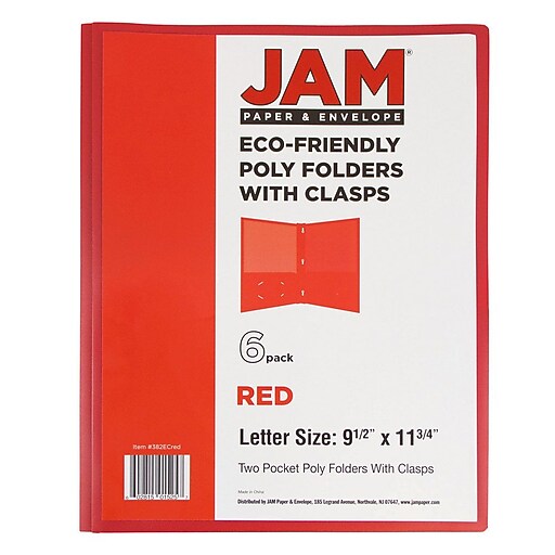JAM Paper® Plastic Eco Two Pocket Presentation Folder with Clasps, Red
