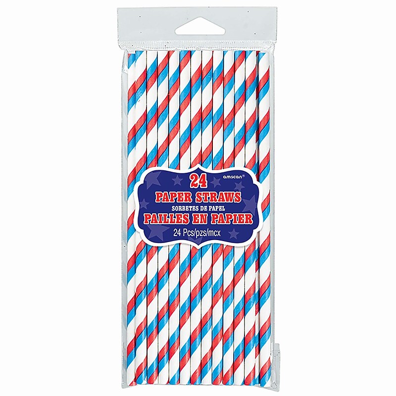 Amscan Paper Straws Stripes, 7.75", Red/White/Blue, 3/Pack, 24 Per Pack (400076) image 1