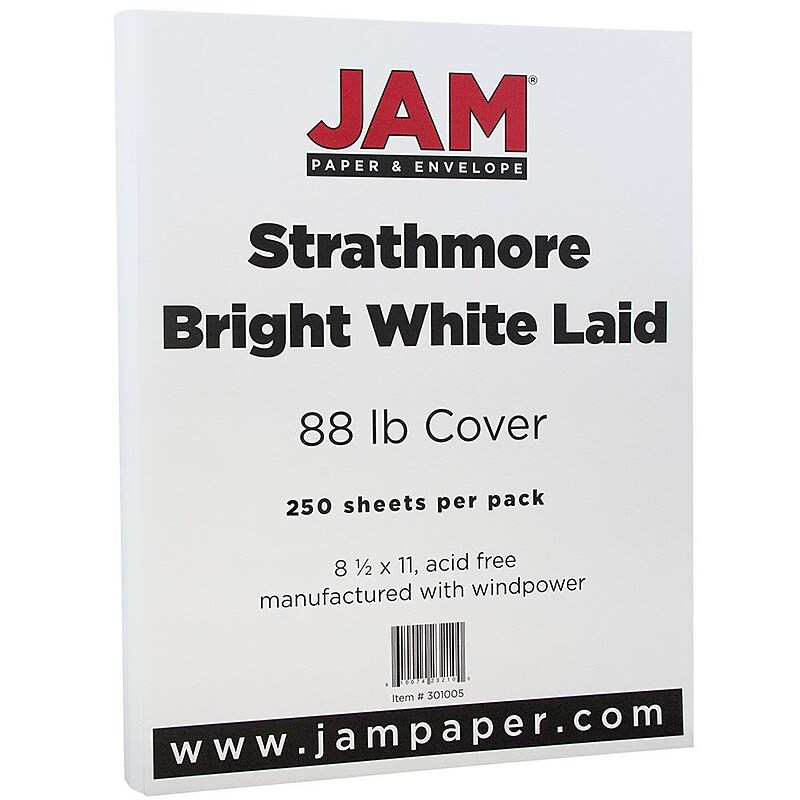 JAM Paper Strathmore 88 lb. Cardstock Paper, 8.5" x 11", Bright White, 250 Sheets/Ream (301005B) image 1