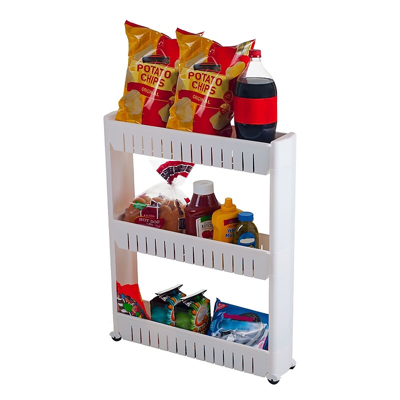 Trademark Global™ 5" Wide Three Tier Slim Slide Out Pantry On Rollers Cart, White image 1