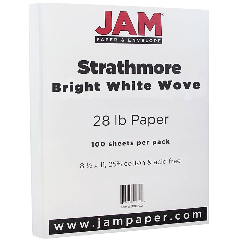 JAM Paper® Strathmore 28lb Paper, 8.5 x 11, Bright White Wove, 100 Sheets/Pack (300230) image 1