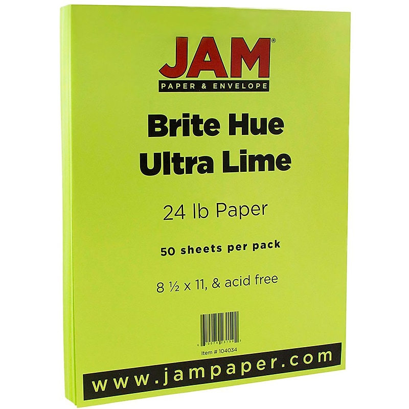 JAM Paper Smooth Colored 8.5" x 11" Copy Paper, 24 lbs., Ultra Lime Green, 50 Sheets/Pack (104034A) image 1
