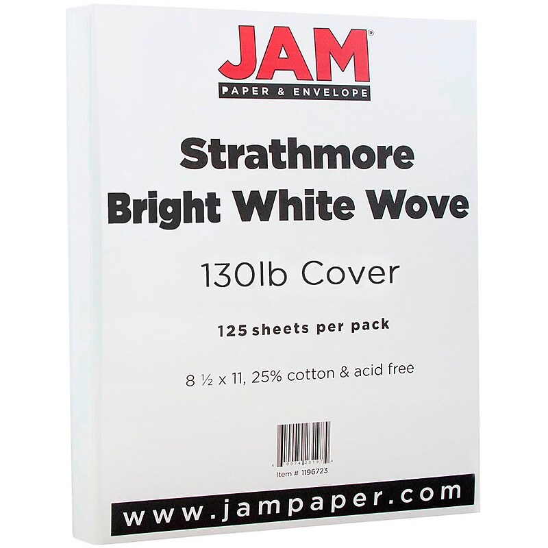 JAM Paper Strathmore 130 lb. Cardstock Paper, 8.5" x 11", Bright White, 125 Sheets/Ream (1196723B) image 1
