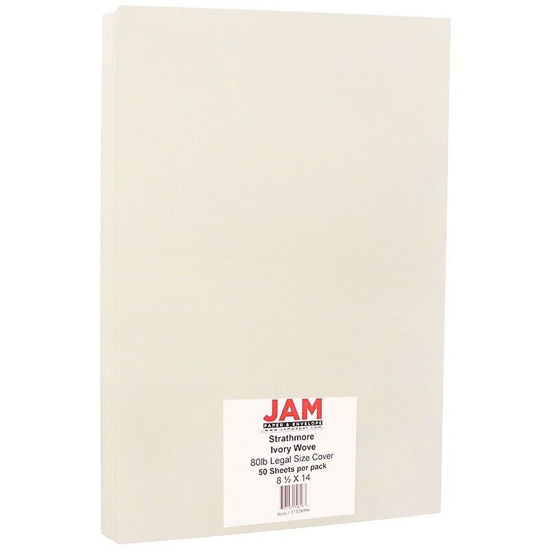JAM Paper Strathmore 80 lb. Cardstock Paper, 8.5" x 14", Ivory White Wove, 50 Sheets/Pack (17428906) image 1