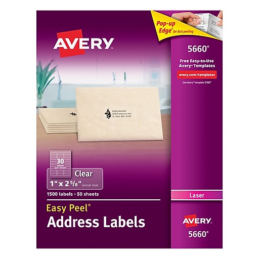 Avery 1" x 2 5/8" 5660 Clear Laser Address Labels with Easy Peel, 1,500