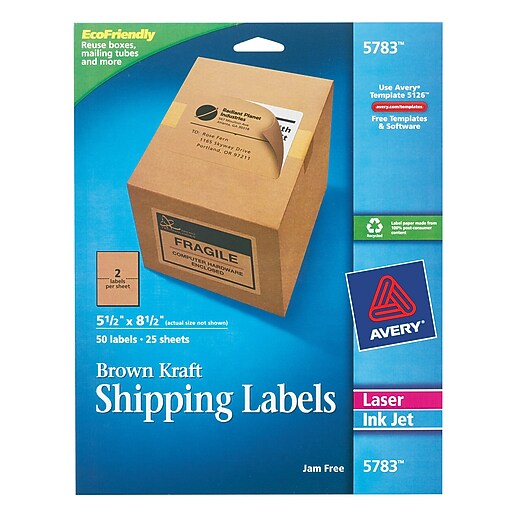 Avery® 5783 Brown Kraft Inkjet/Laser Shipping Labels, 5-1/2