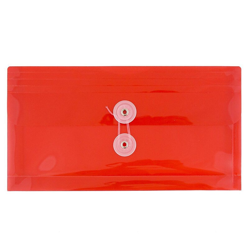 JAM Paper® Plastic Envelopes with Button and String Tie Closure, #10 Business Booklet, 5.25 x 10, Red, 12/Pack (921B1RE) image 1