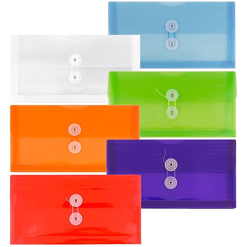 JAM Paper® Plastic Envelopes with Button and String, #10 Business Booklet, 5.25 x 10, Assorted Colors, 6/Pack (921B1ASSRTD) image 1