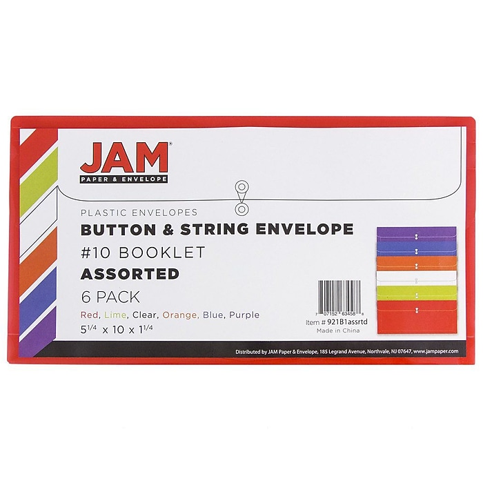 JAM Paper® Plastic Envelopes with Button and String, #10 Business
