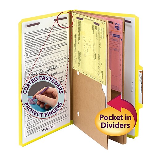 Smead Pressboard Classification File Folder with SafeSHIELD Fasteners 10 per Box 2 Expansion Legal Size Yellow 19084 2 Pocket Dividers 