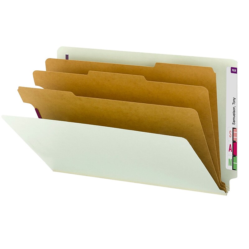 Smead 50% Recycled EndTab Pressboard Classification Folder, 3 Divider, 3" Expansion, Legal, Gray/Green, 10/Box image 1