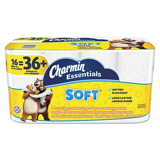 Charmin Essentials Soft 2-Ply Toilet Paper, White, 200 Sheets/Roll, 16 Giant Rolls/Pack (96608)