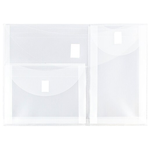 JAM Paper® Plastic Multi-Pocket Envelopes with Hook & Loop, 3 Pockets,  Letter Booklet, 9.75 x 13, Clear, 12/Pack (B35318)