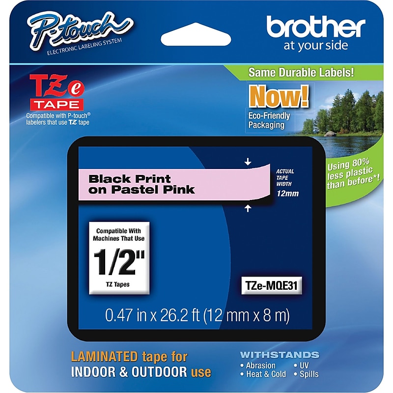 Brother P-touch TZe-MQE31 Laminated Label Maker Tape, 1/2" x 26-2/10', Black on Pastel Pink (TZe-MQE31) image 1