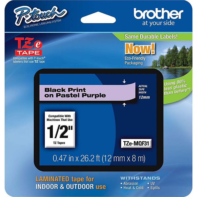 Brother P-touch TZe-MQF31 Laminated Label Maker Tape, 1/2" x 26-2/10', Black on Pastel Purple (TZe-MQF31) image 1