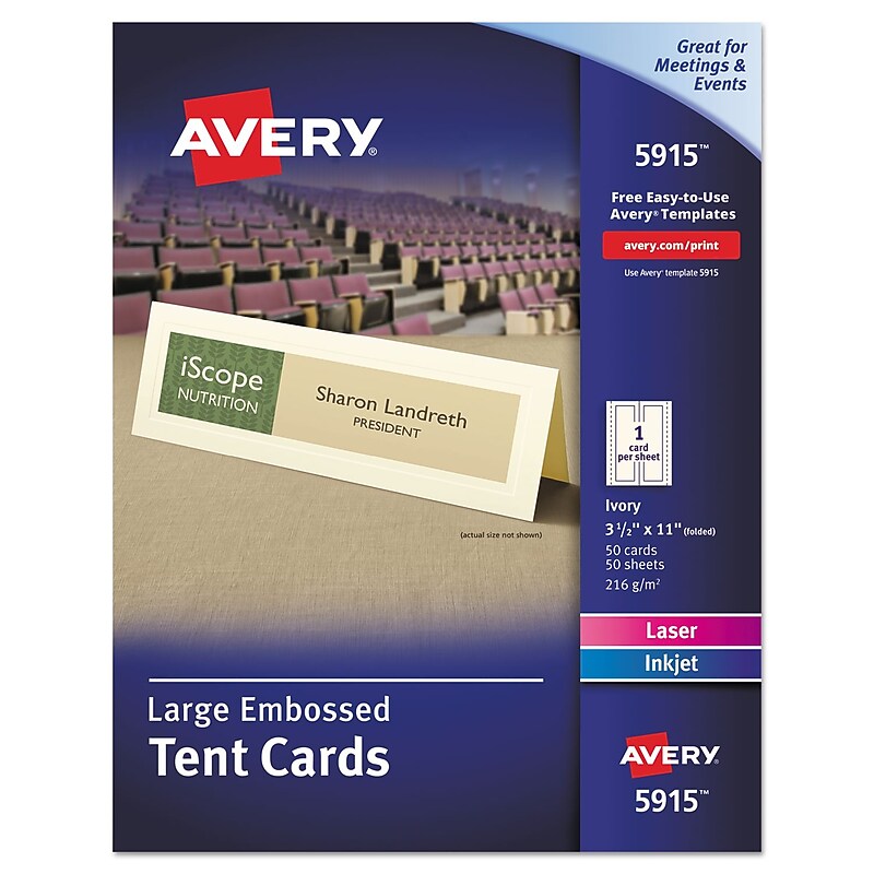 Avery Large Embossed Tent Cards, 3.5" x 11", Ivory, 1 Card/Sheet, 50/Pack (AVE5915) image 1