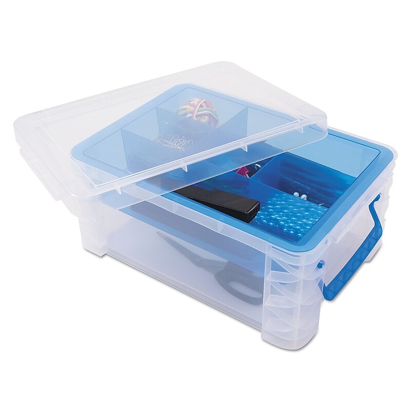 Advantus Super Stacker Divided Storage Box, Clear W/blue Tray/handles, 10.3 X 14.25x 6.5 image 1