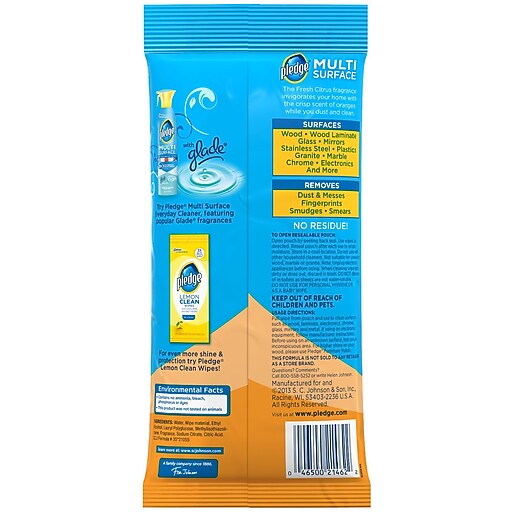 Pledge® MultiSurface Clean & Dust Wipes, Fresh Citrus, 25 Wipes/Pack