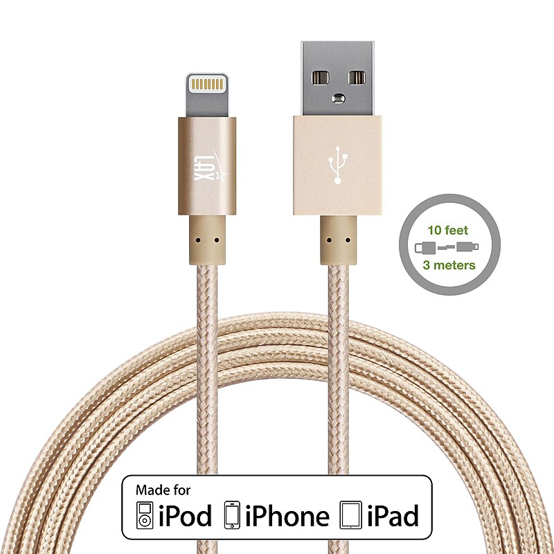 LAX Apple MFi Certified Lightning to USB Cable for Charge Sync 10ft - Gold image 1