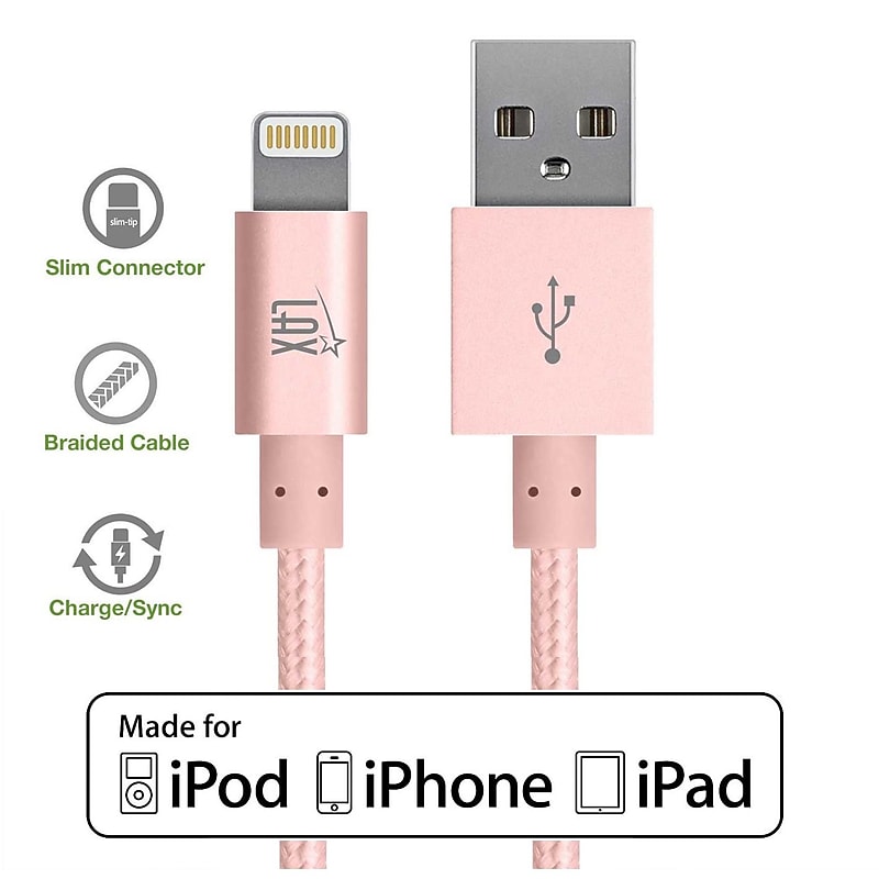LAX Apple MFI Certified 4 Feet Strong Braided Lightning USB Data Synch Charging Cable, Rose Gold image 1