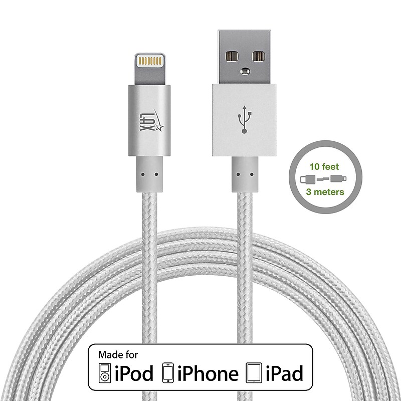 LAX Apple MFi Certified Lightning to USB Cable for Charge Sync 10ft - Silver image 1