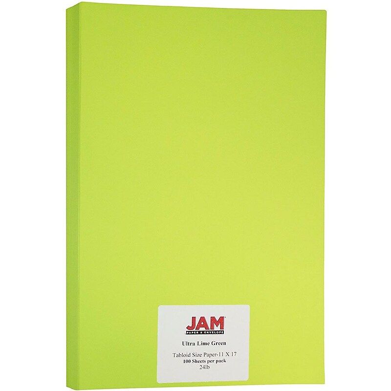 JAM Paper Matte Colored 11" x 17" Copy Paper, 24 lbs., Ultra Lime Green, 100 Sheets/Pack (16728460) image 1
