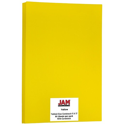 JAM Paper Ledger 65 lb. Cardstock Paper, 11" x 17", Yellow, 50 Sheets/Pack (16728490) Staples