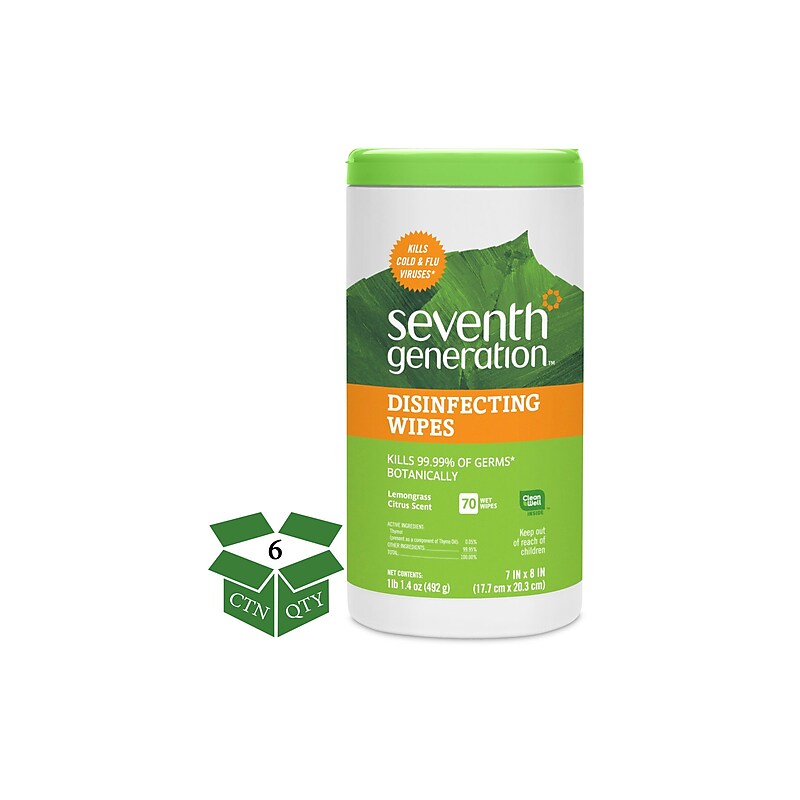 Seventh Generation Disinfecting Wipes, Lemongrass, 70 Wipes/Container, 6/Carton (SEV22813CT) image 1