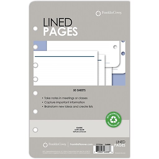 Franklin Covey® Lined Pages for Organizer , 50 Sheets , 5 1/2" x 8 1/2