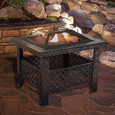 Pure Garden 26 inch Square Woven Metal Fire Pit with Cover - Bronze