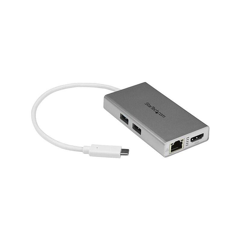 StarTech.com USB-C Multiport Adapter for Laptops, Power Delivery, 4K HDMI, GbE, USB 3.0, Silver & White, Portable USB-C Adapter image 1