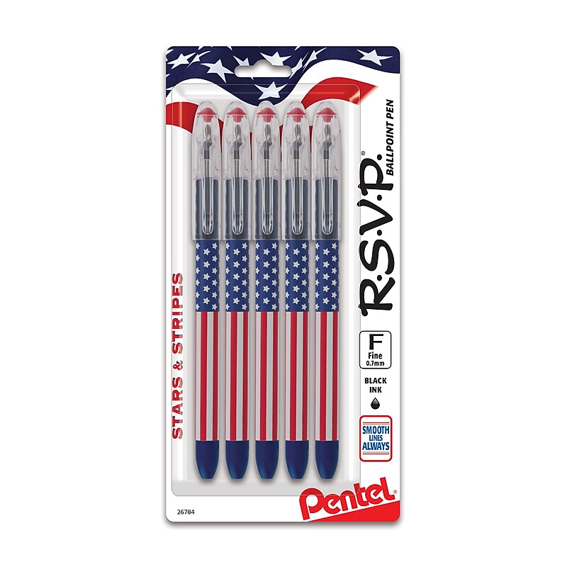 Pentel Stars & Stripes Edition RSVP Ballpoint Pens,Black Ink, 5/Pack (BK90USABP5A) image 1