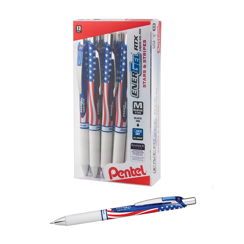 Pentel Stars & Stripes Edition EnerGel RTX Liquid Gel Pens, Medium Point, Black Ink, Dozen (BL77USA-A) image 1