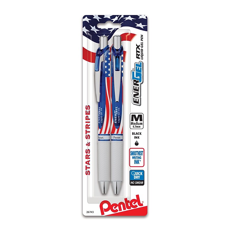 Pentel Stars & Stripes Edition EnerGel RTX Liquid Gel Pens, Medium Point, Black Ink, 2/Pack (BL77USABP2A) image 1