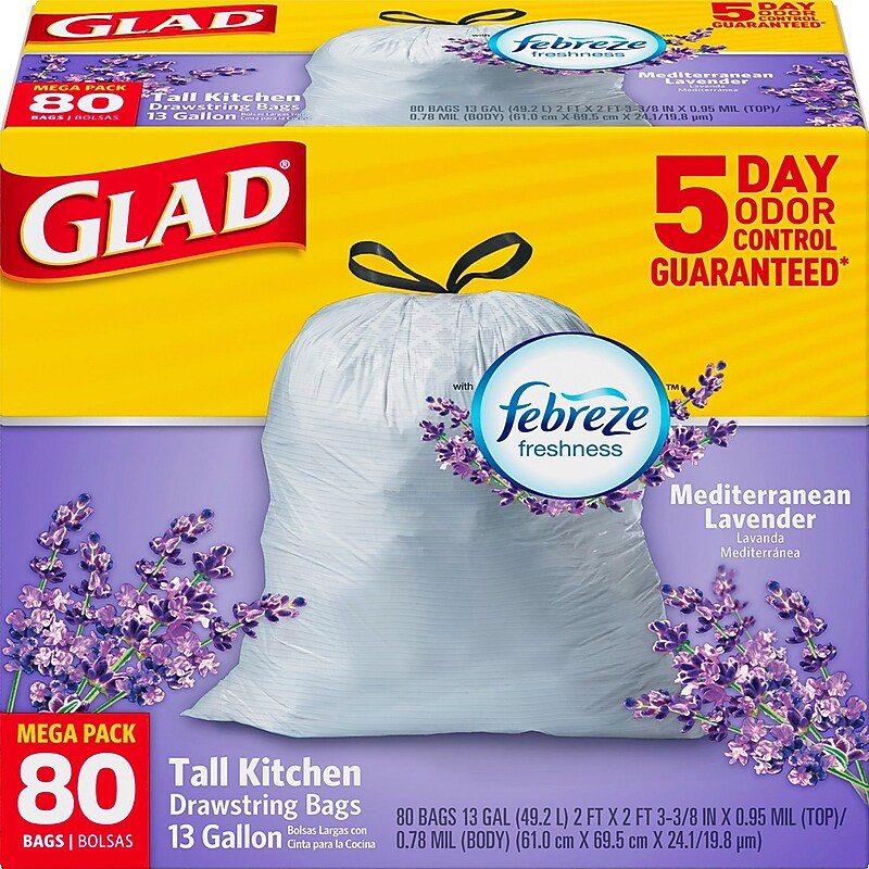 Glad 13 Gallon Drawstring Bags, Lavender Scent, 20 Micron, White, 80 Total Bags (CLO78902) image 1