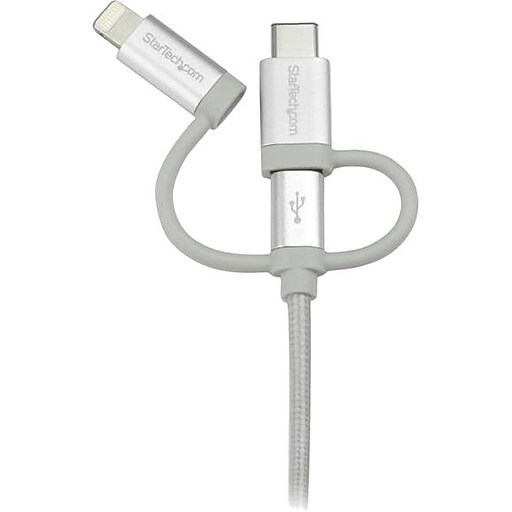 StarTech 1m 3 ft USB Multi Charger Cable, Braided, Silver, 3 in 1 Charging Cable, USB to